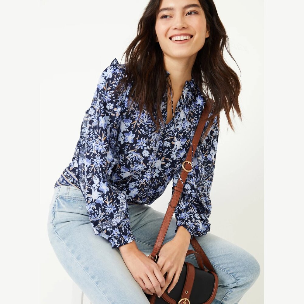 Mixed Print Ruffle Top, Periwinkle Combo - Picture 1 of 7